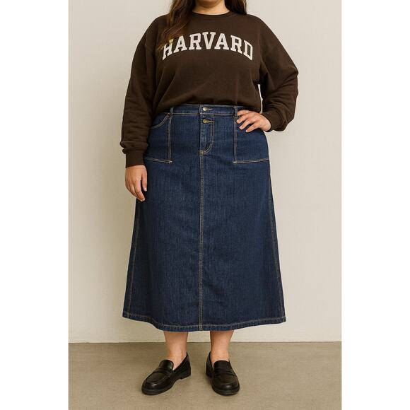 Ashley Stewart Denim Maxi Skirt Size 18W 38" Dark Wash Pockets A-line Modest - Picture 1 of 12